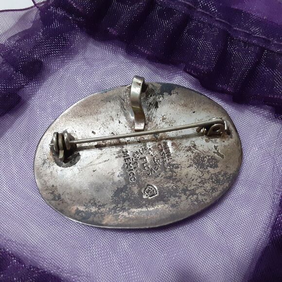 Vintage Aztec Warrior Alpaca Mexico Silver Abalone Inlay Brooch Pin Pendant - Picture 2 of 5